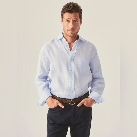 J. McLaughlin Linen Button Down Shirt Men’s XL Light Blue Stripe Classic Preppy - Picture 3 of 14